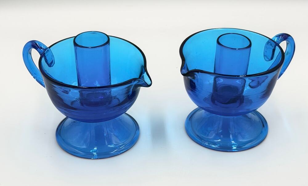 RARE Handblown Glass Turquoise Blue Candlestick Holders MCM
